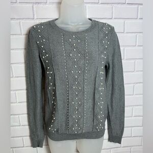 LOFT Gray Pearl Embellished Cable Knit Sweater Size Small